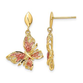 Diamond2Deal 14k Yellow Gold Pink Enamel Butterfly Drop Dangle Earrings
