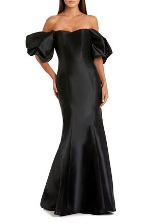 Mac Duggal Petite Sweetheart Off The Shoulder Puff Sleeve Gown in Black at Nordstrom, Size 16P