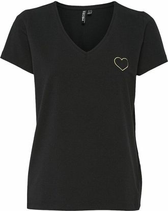 Pieces T-shirt met V-hals, geborduurd hartmotief