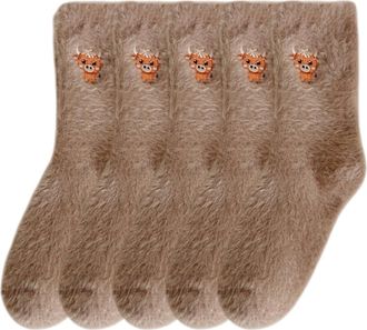 Generic Highland Cow Slipper Socks for Women - Cozy, Fuzzy, Thick Winter Bed Socks | Cute Holid Present (5pcs*Light brown)