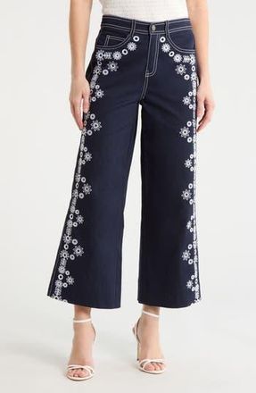 Cinq &agrave; Sept Mazie Eyelet Detail Stretch Cotton Pants in Navy/White at Nordstrom Rack, Size 10