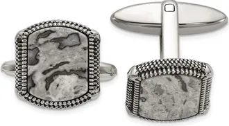 Diamond2Deal Stainless Steel Antiqued and Polished Jasper Cuff Links
