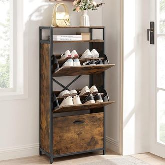 Vasagle Shoe Storage Cabinet Folding Doors Open Shelf Space Saving Design in Brown