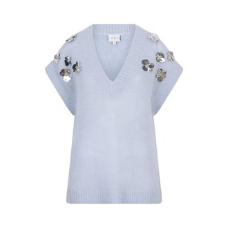 Dante6 Pailletbloem V-hals Mouwloze Trui - Dames - Truien - Blauw - Maat: XS Wol