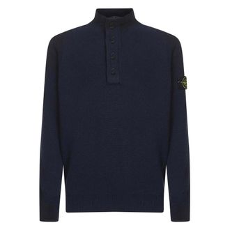 Stone Island Blauwe Gebreide Polo met Ritssluiting - Heren - Coltruien - Blauw - L - Wol - Truien & Vesten