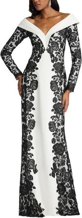 Tadashi Shoji Embroidered Portrait Collar Long Sleeve Crepe Gown in Black/Ivory at Nordstrom, Size 16