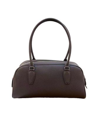 Generic Urban Minimalist Style Womens Bowling Bag Leather Underarm Handbag Double Zipper Soft Cowhide Shoulder(Ebony ribbon)