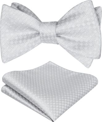 Alizeal Mens Polka Dot Self Tied Bow Tie and Pocket Square Set, Silver