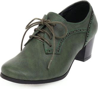 Generic Womens Lace-Up Brogue Ankle Boots with Block Heel & Faux Leather Dress Shoes,Green,7.5 UK