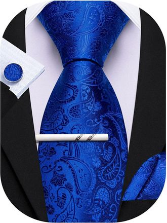 Barry.Wang Royal Blue Tie with Tie Clip for Men Paisley Silk Necktie Pocket Square Cufflinks Set Formal Wedding Party Business