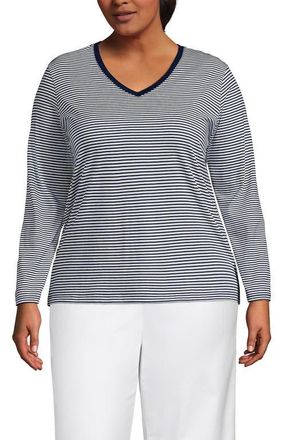 Lands End Supima Cotton Long Sleeve V-Neck T-Shirt in Deep Sea/ivory Micro Stripe at Nordstrom, Size 1X