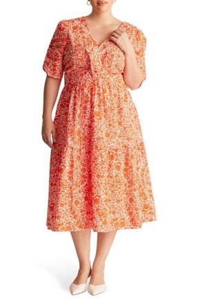 Estelle Dreamaya Floral Front Flap Fit & Flare Midi Dress in Tangerine at Nordstrom, Size 20W