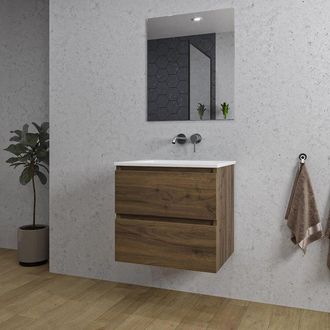 Saniclass Chaci Badkamermeubelset - 60x46x55cm - keramische wastafel wit - 1 wasbak - zonder kraangat - 2 lades - rechthoekige spiegel - noten (hout)