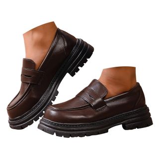 Generic Loafers for Women Leather Chunky Platform Lug Sole Slip On Loafer Classic Round Toe Comfortable Dressy Business Casual Work Shoes Womens Orthopedic Lo