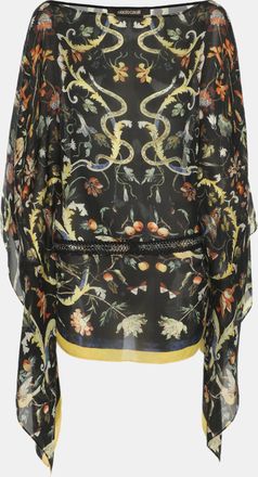 Roberto Cavalli Black Multicolor Floral Print Silk Belted Top