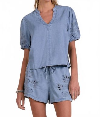 Elan Short Sleeve Open Work Sleeves V-Neck Top In Denim