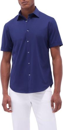 Bugatchi Miles OoohCotton Solid Short Sleeve Button-Up Shirt in Navy at Nordstrom, Size Xxx-Large