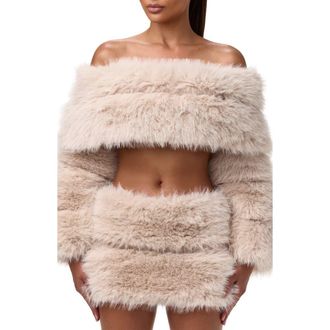 Naked Wardrobe Faux Fur Off the Shoulder Long Sleeve Crop Top in Taupe at Nordstrom, Size X-Small