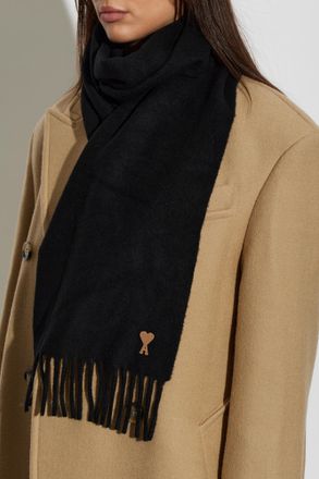 Ami Wool Scarf With Logo, Unisex, Black