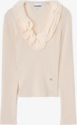 Ganni White Top in Ribbed Merino - Size XXS Wool