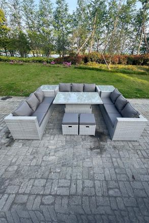 Fimous U Shape Rattan Garden Furniture Adjustable Rising Lifting Table Dining Set 2 PC Side Table Stool in Light Grey
