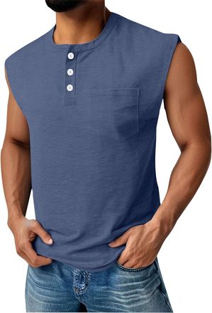 Generic Mens Sleeveless Henley Vest Summer Tops Mens Polo Shirt Distressed Washed V Neck Button T-Shirt Relaxed Fit Casual Vintage Solid Tee Top Fashion Muscl
