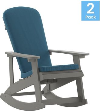 Flash Furniture Set of 2 Adirondack Rocking Chairs in Gray with Teal Cushions, Porch, and Patio