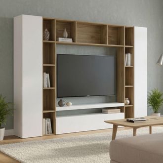 Dmora Pared Equipada Ddragon, Conjunto De Sal&oacute;n Mueble Tv Con 3 Puertas, Mueble De Sal&oacute;n Polivalente, 100% Made In Italy, Cm 270x35h210, Blanco Brillo Y Rob