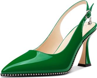 Castamere Womens Slingback Kitten Heel Close Pointed Toe Pumps Court Shoe Chunky Wedding Party Dress Shoes 9 CM Heels Green 3.5 UK