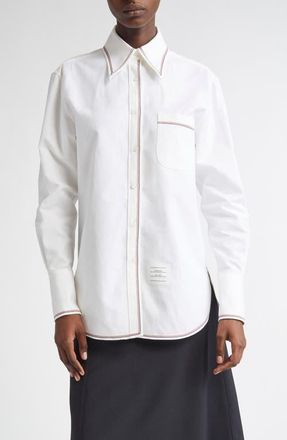 Thom Browne Exaggerated Point Collar Cotton & Linen Button-Up Shirt in White at Nordstrom, Size 2 Us