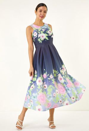 Roman Floral Print Border Premium Stretch Midi Dress