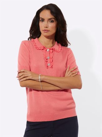 Cr&eacute;ation L Kurzarmpullover CREATION L Polopullover, Damen, Gr. 36, koralle, 75% Viskose, 22% Polyamid, 3% Baumwolle, unifarben, Pullover Kurzarmpullover