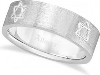 Allurez Jewish Star of David Mens Carved Wedding Ring Band 14k White Gold (7mm)