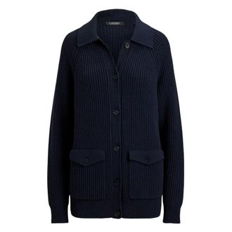 Ralph Lauren Truien & Vesten, Dames, Blauw, M, Wol, Wolmix Ribgebreide Cardigan met Kraag