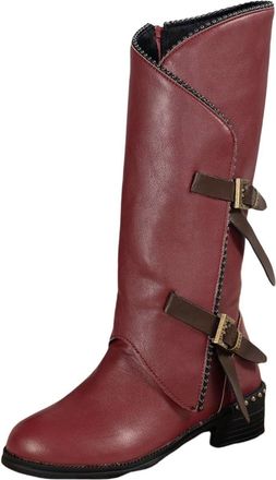 Generic Knee High Winter Boots for Women Uk Retro Square Heel Side Zipper Stitching Leather Metal Buckle Mid Calf Boots Size 7 (Wine, 6.5)