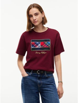 Tommy Hilfiger Womens Mixed-Plaid Flag Logo Interlock T-Shirt - Burgundy - XXL