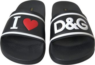 Dolce & Gabbana Black Leather I Love D&G Sandals Slides Womens Shoes