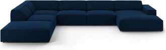 MICADONI Sofá esquinero panorámico izquierdo 7 plazas de terciopelo azul regio