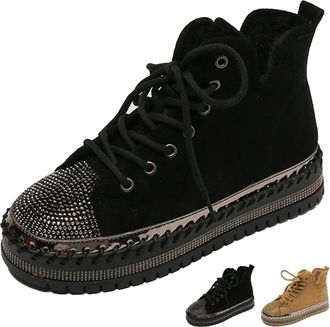 Generic Womens Rhinestone Decorated Lace Up Chunky Platform Winter Boots Fashion Sparkly Chunky Fur Lined Winter Snow Boots (black,37.5EU)