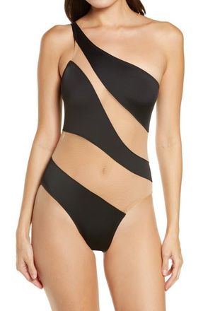 Norma Kamali Snake Mesh One-Shoulder Swimsuit in Black at Nordstrom, Size Large