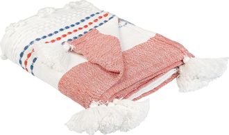 Beliani Manta Blanco Rojo Azul 130 X 150 Cm Poli&eacute;ster Pet Patr&oacute;n A Rayas Borlas Cubuk