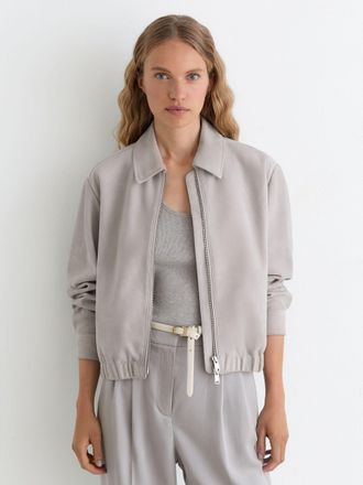 Reiss Light Grey Lottie Cropped Bomber Jacket, 12