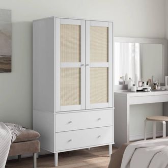 Berkfield Home Wardrobe SENJA Rattan Look White 90x55x175 cm Solid Wood Pine | Size: 90 x 55 x 175 cm