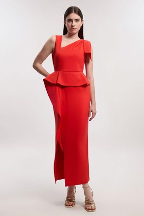 Karen Millen Womens Compact Stretch Ruffle Peplum Belted Pencil Midi Dress - Red - Size 14 UK