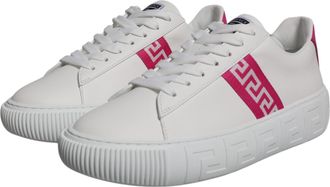 Versace Mens White Pink Greca Print Platform Low Top Sneakers Shoes Calf Leather