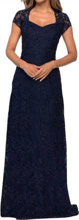 La Femme Lace V Neck Sheath Dress In Navy