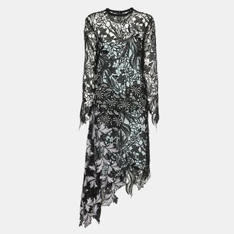 Self Portrait Black Asymmetric Hem Vine Lace Midi Dress