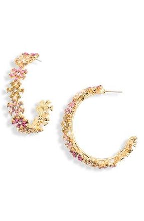 Cara Crystal & Faux Pearl Flower Hoop Earrings in Pink at Nordstrom Rack