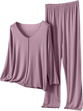 Generic Pijamas Women Set Womens Modal Pyjamas 2 Piece Pjs Sets Long Sleeve V Neck Tops and Bottoms Loose Fit Lightweight Loungwear Solid Basic Leisure Suits 