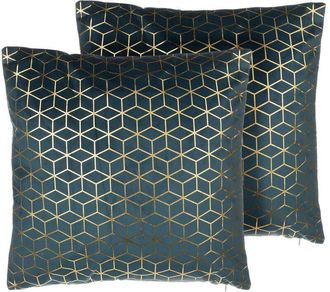 Beliani Juego De 2 Cojines Decorativos Patr&oacute;n De Cubo De Terciopelo Azul 45 X 45 Cm Impresi&oacute;n De L&aacute;mina Geom&eacute;trica Accesorios De Decoraci&oacute;n Celosia